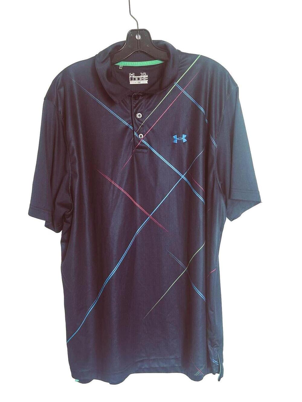 Under Armour Loose HeatGear Golf Polo Shirt Navy Multi-Colour Athletic Shirt- XL